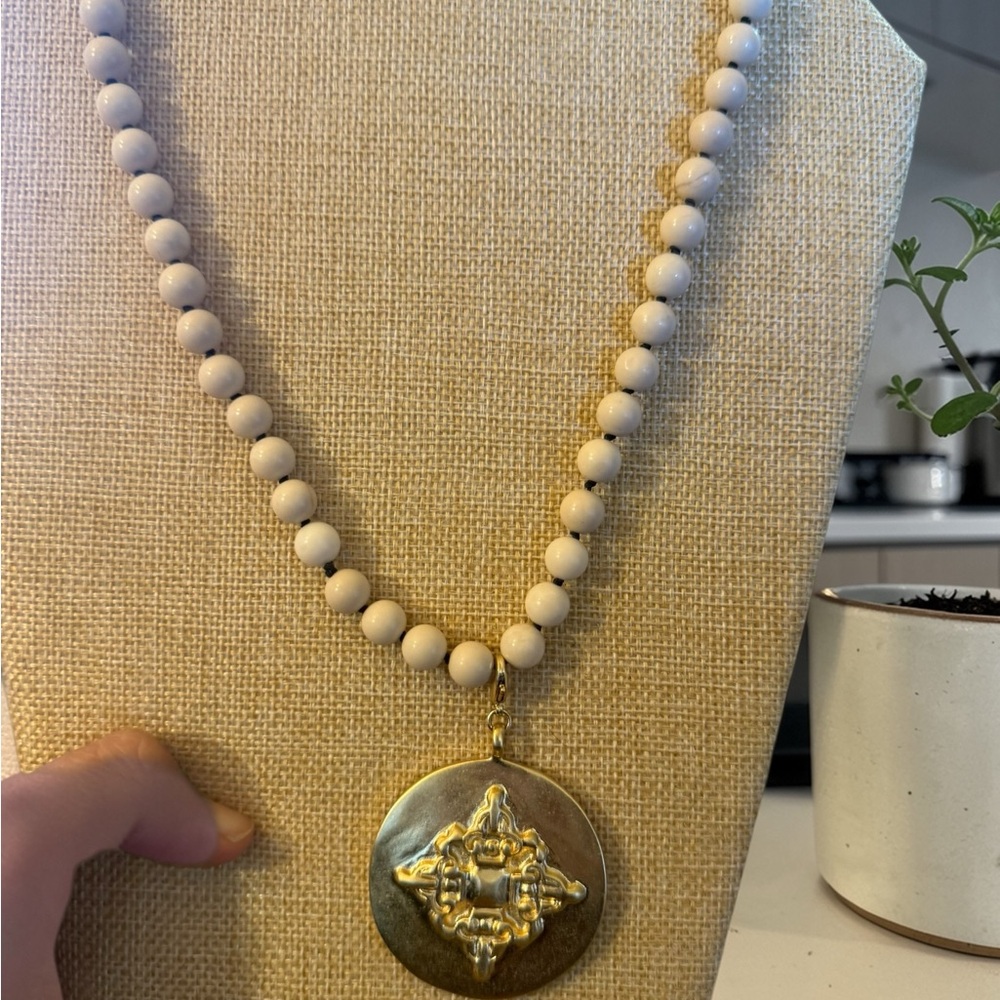 Gold Medallion Pendant Necklace with White Beaded Chain